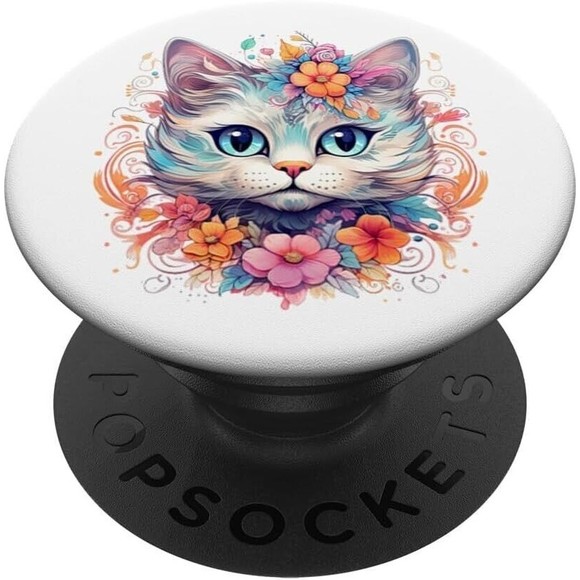 Pop Sockets for Phone Black Floral Cat Watercolor Grip & Stand Swappable Design - Picture 1 of 8